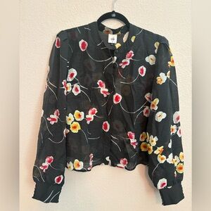 CAbi Black Floral Blouse with Red and Yellow Accents